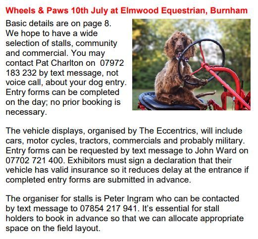 Wheels & Paws 10th July at Elmwood Equestrian, Burnham